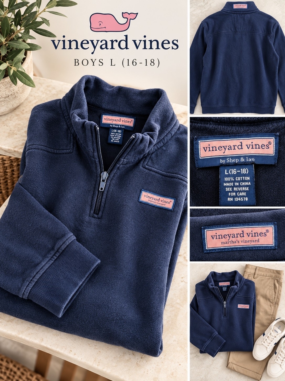 Vineyard Vines Boys L 16-18 Navy 1/4 Zip Pullover Sweatshirt Shep & Ian